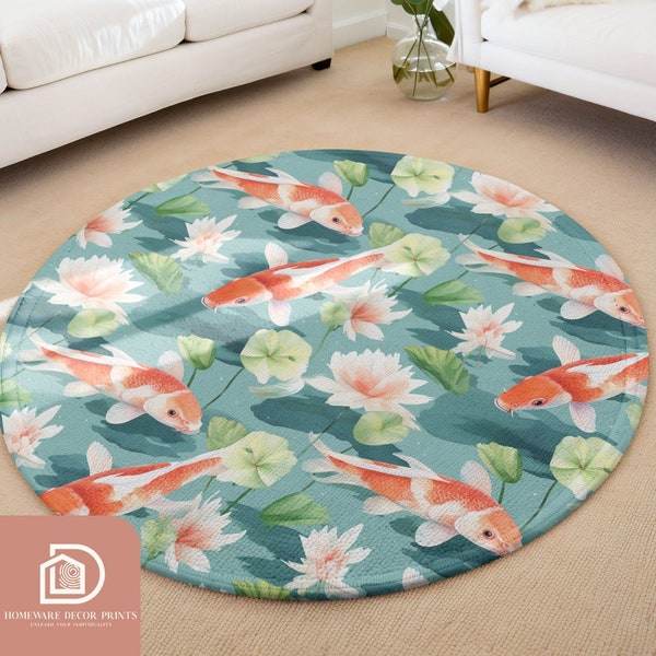 Koi Fish Pond 5ft Round Rug, Vibrant Asian Decorative Mat, Exotic Aquatic Plant Playmat, Colorful Zen Pond Animal, Lily Pad Lush Foliage