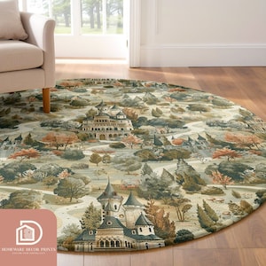 Tapis rond château de la forêt d'automne de 1,50 m, tapis de jeu de carte routière de voiture esthétique, chambre d'enfant sur le thème de la nature, tapis circulaire médiéval, tapis forestier