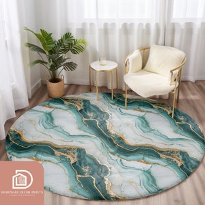 Tappeto rotondo in marmo verde smeraldo da 5 piedi, elegante tappetino con accenti dorati, motivo a trama asimmetrica, tappeto classico contemporaneo, minimalista