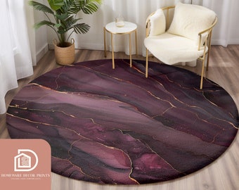 Tapis rond en marbre bordeaux de 1,50 m, élégant tapis rouge rubis chic, tapis texturé roche asymétrique, motif marron classique, touche dorée minimaliste