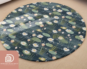 Seerosenblatt 5 Fuß runder Teppich, weiße Lotusblume gemütliche Matte, bequeme Wasserpflanze Krabbeldecke, Zen-Seerosen Teppich, florale Boho Maximalist Wohnkultur
