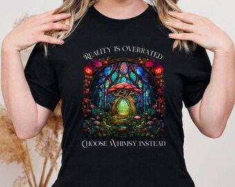 Enchanted Mushroom T-Shirt | Whimsical Short Sleeve Top | Fairycore Stained Glass Arch Shirt | Colorful Nature Tee | Fantasy Mosaic Church
