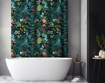 May include: A white bathtub with a shower curtain featuring a dark green background with a floral pattern of pink, yellow, and blue flowers. The shower curtain is made of fabric and has a subtle sheen.