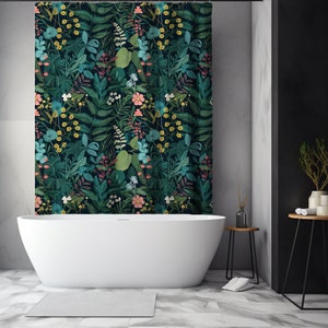 Green Botanical Shower Curtain, Maximalist Bloomcore Aesthetic, Dark Academia Bathroom, Floral Cottagecore Decor, Boho Vintage Wildflower
