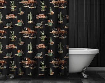 Western Boho Shower Curtain, Dark Southwestern Bathroom, Bohemian Desert Stall Curtain Shower, Cactus and Horse Pattern, Equestrian Gift