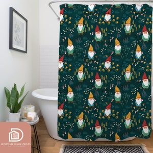 May include: A dark teal shower curtain featuring a repeating pattern of gnomes with red and yellow hats, green jackets, and white beards. The gnomes are surrounded by mushrooms and foliage. The curtain is hanging in a bathroom with a white tub and a black and white rug.