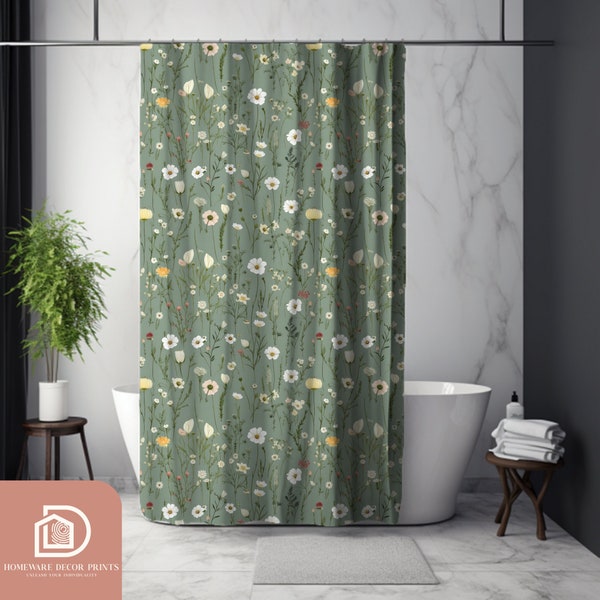 Sage Green Botanical Shower Curtain, Vintage Floral Bathroom Decor, Bohemian Shabby Chic, Cottagecore Aesthetic, Earthy Flower Coquette Home