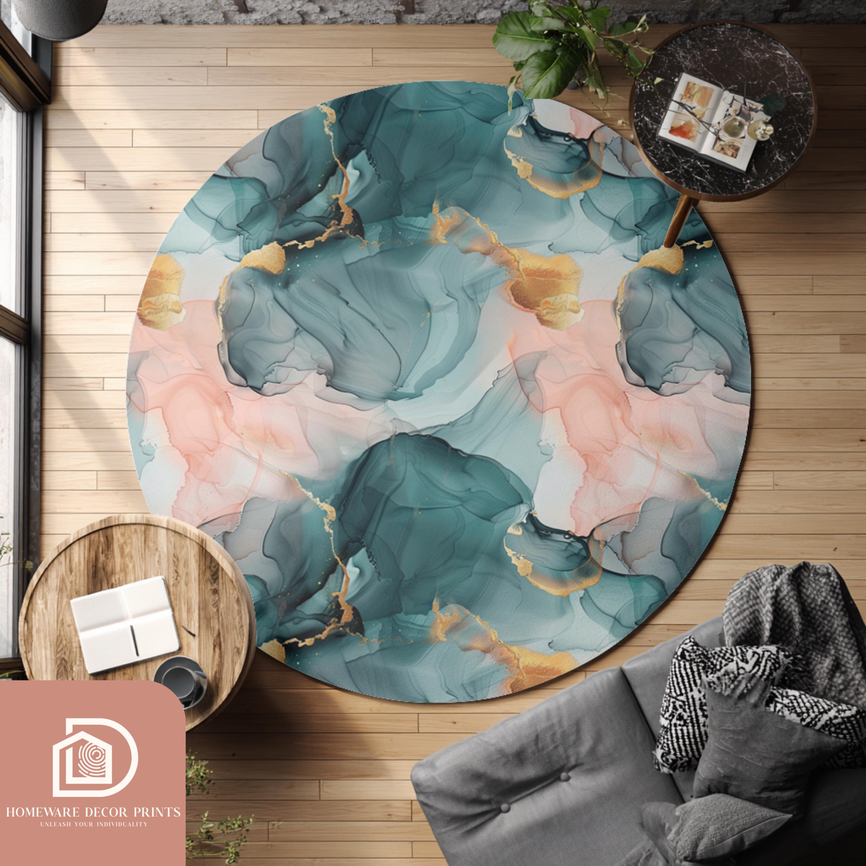 Pink And Green Shell Rug Pink & Green Marble Round Rug, Gold Accent Elegant Mat, Emerald Green ...