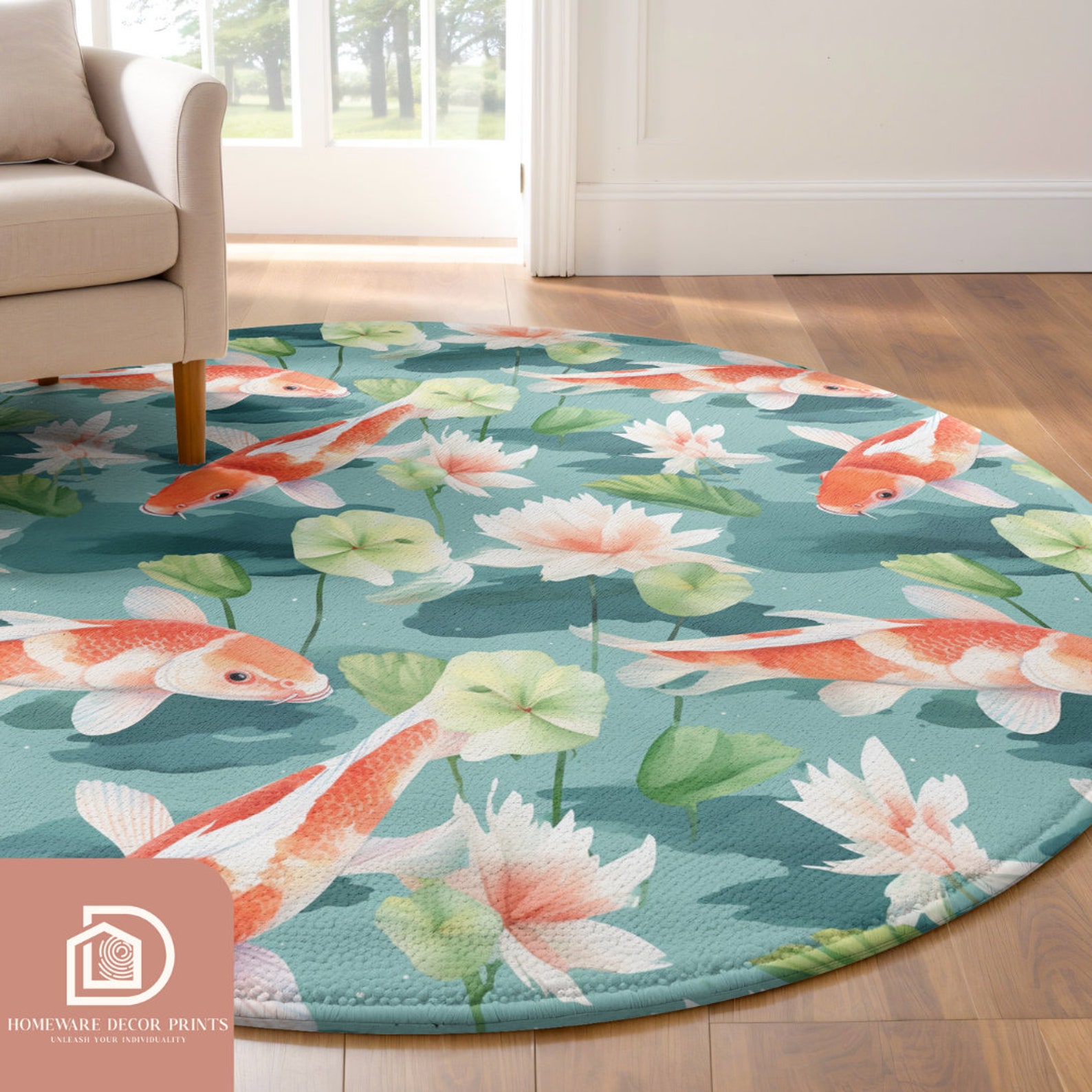 Aquatic Rug Koi Fish Pond 5ft Round Rug, Vibrant Asian Decorative Mat, Exotic ...