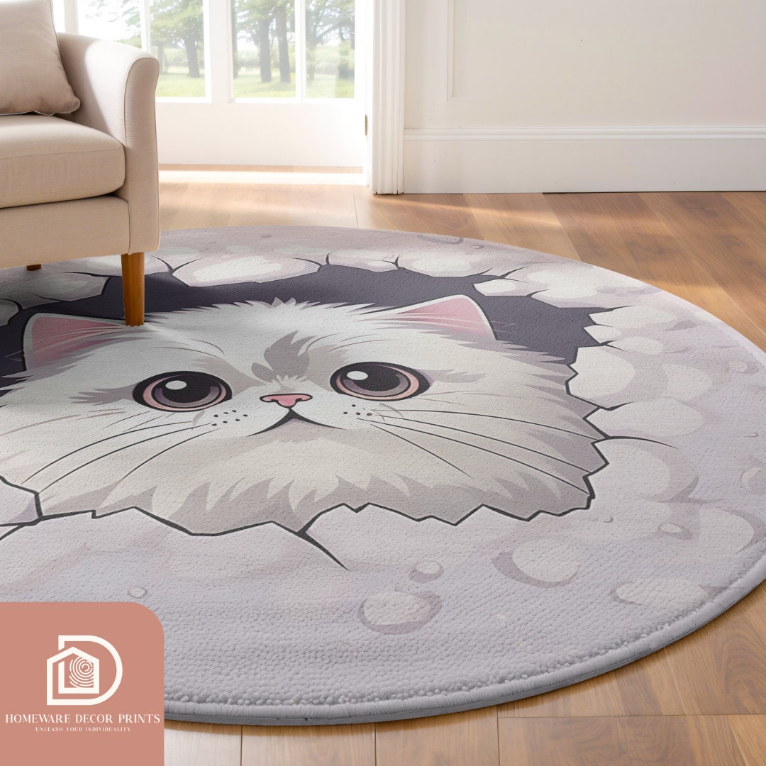 Cat Peeking 5ft Round Rug, Ragdoll Peekaboo Circular Carpet, Kitty ...
