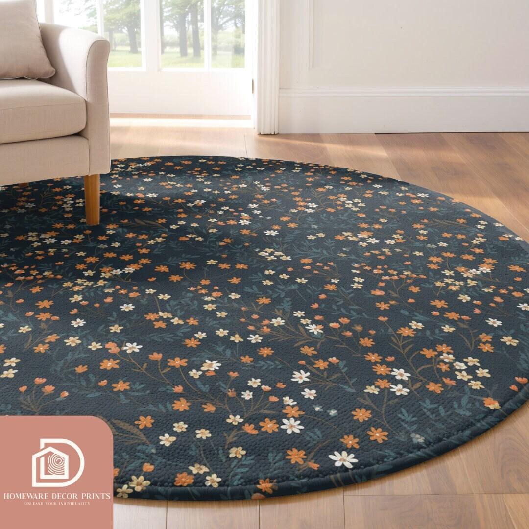 Delicate Daisy Flower 5ft Round Rug, Moody Black Home Accessory, Orange ...