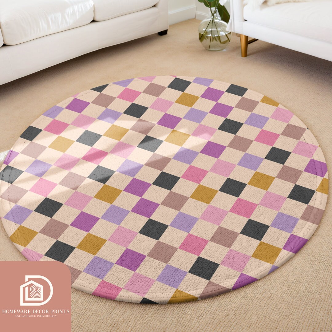 Pastel Checkered Round Rug, Blush Pink Checkerboard Mat, Geometric Cozy ...