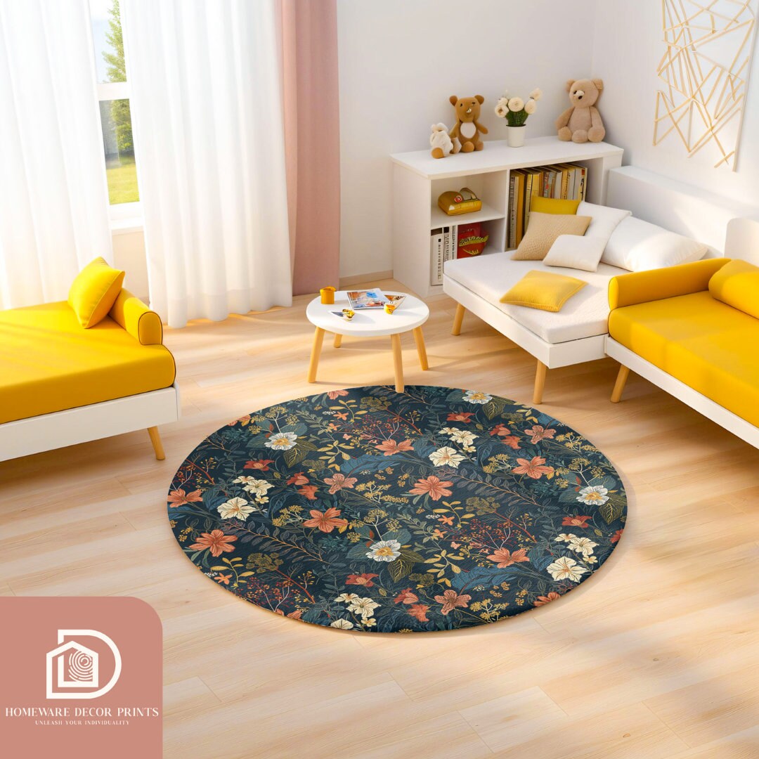 Vintage Floral 5ft Round Rug, Dark Academia Comfy Circle Mat, Botanical ...