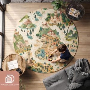 May include: A round children's play rug featuring a whimsical map design with castles, roads, and trees. The rug has a beige background with colorful illustrations. A child is playing with toy cars on the rug. The rug is from Homeware Decor Prints.
