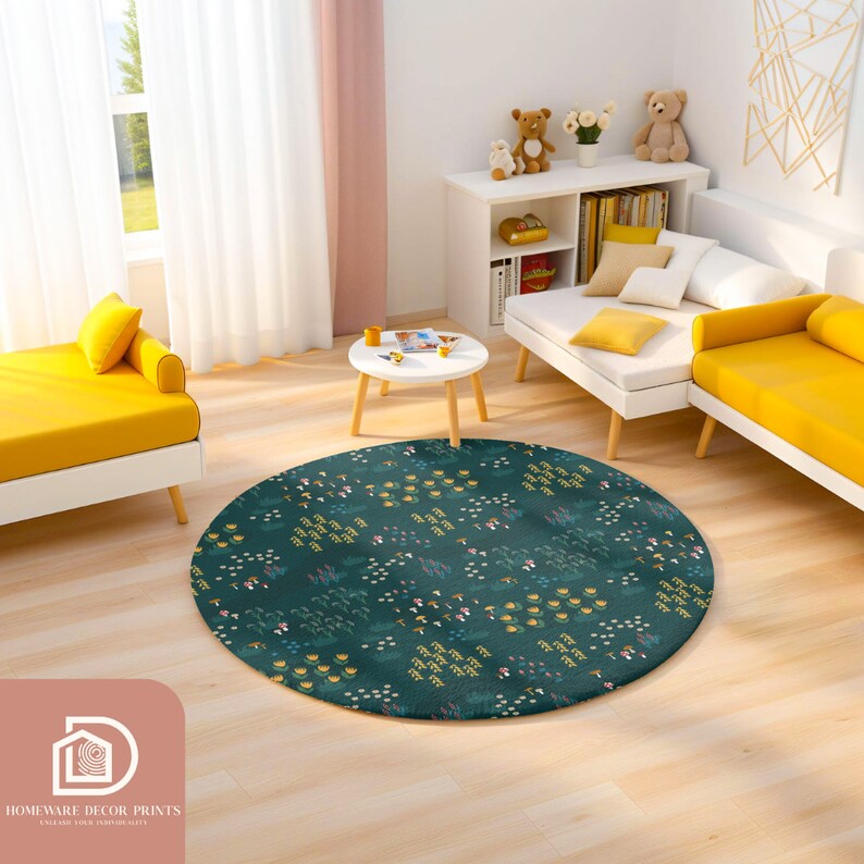 Green Woodland 5ft Round Rug, Whimsical Glade Comfy Carpet, Mushroom ...