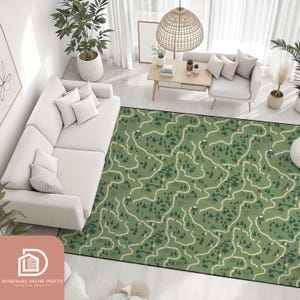 Mountain Road Map Area Rug, Large Floor Mat for Living Room, Green Woodland Rectangle Carpet, Oversized Activity Playmat, Forest Nursery