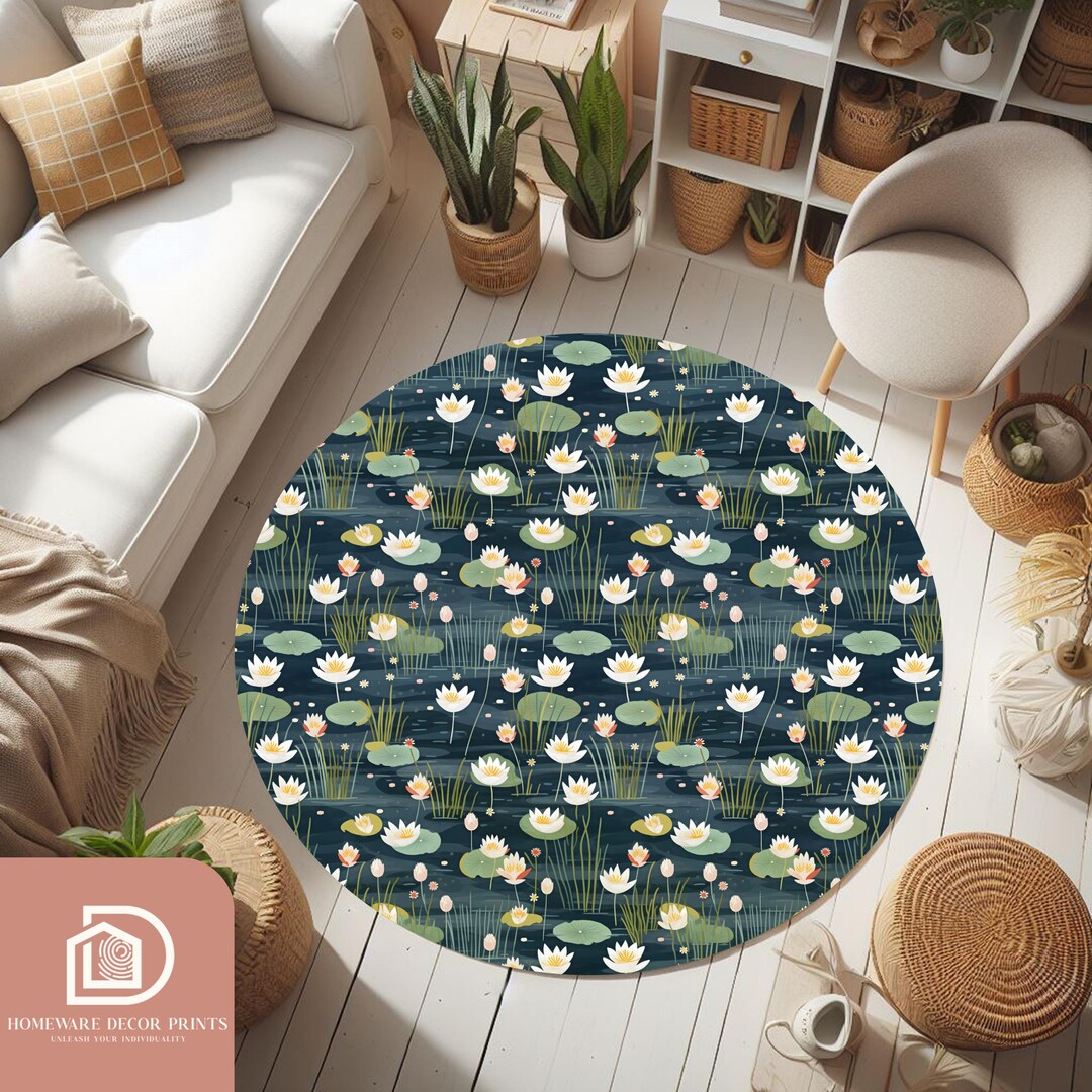 Lilly Rose Rug Lily Pad Round Rug, White Lotus Flower Area Mat, Aquatic Plant Comfy ...