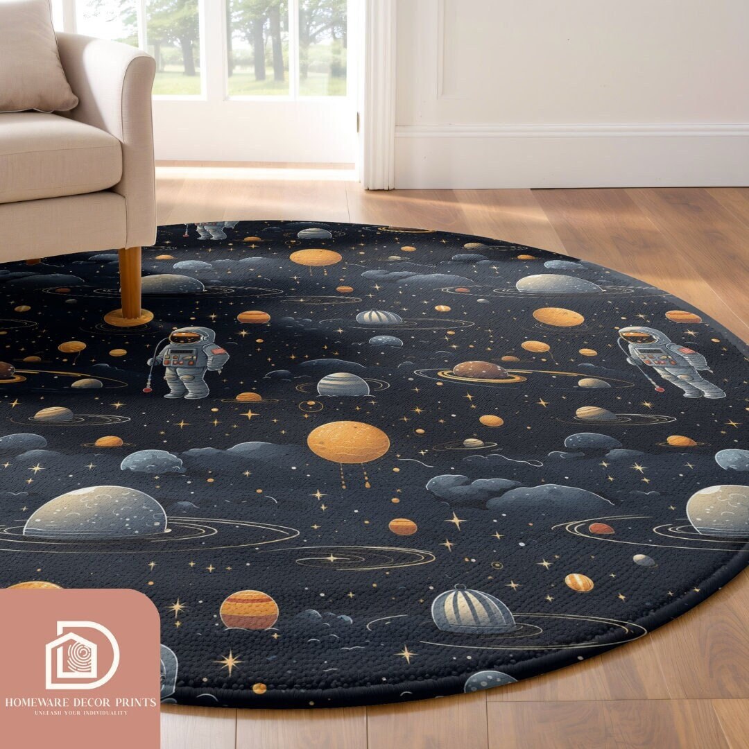 Moon Rover Play Rug Astronaut 5ft Round Rug, Space Nursery Theme for Kids, Celestial Cozy ...