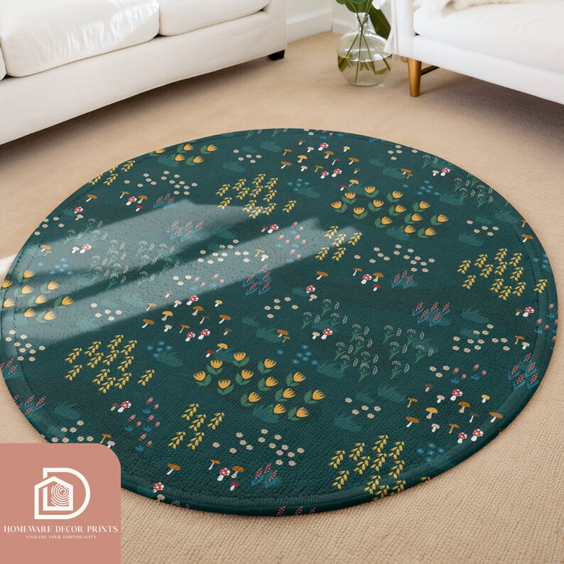 Green Woodland 5ft Round Rug, Whimsical Glade Comfy Carpet, Mushroom ...