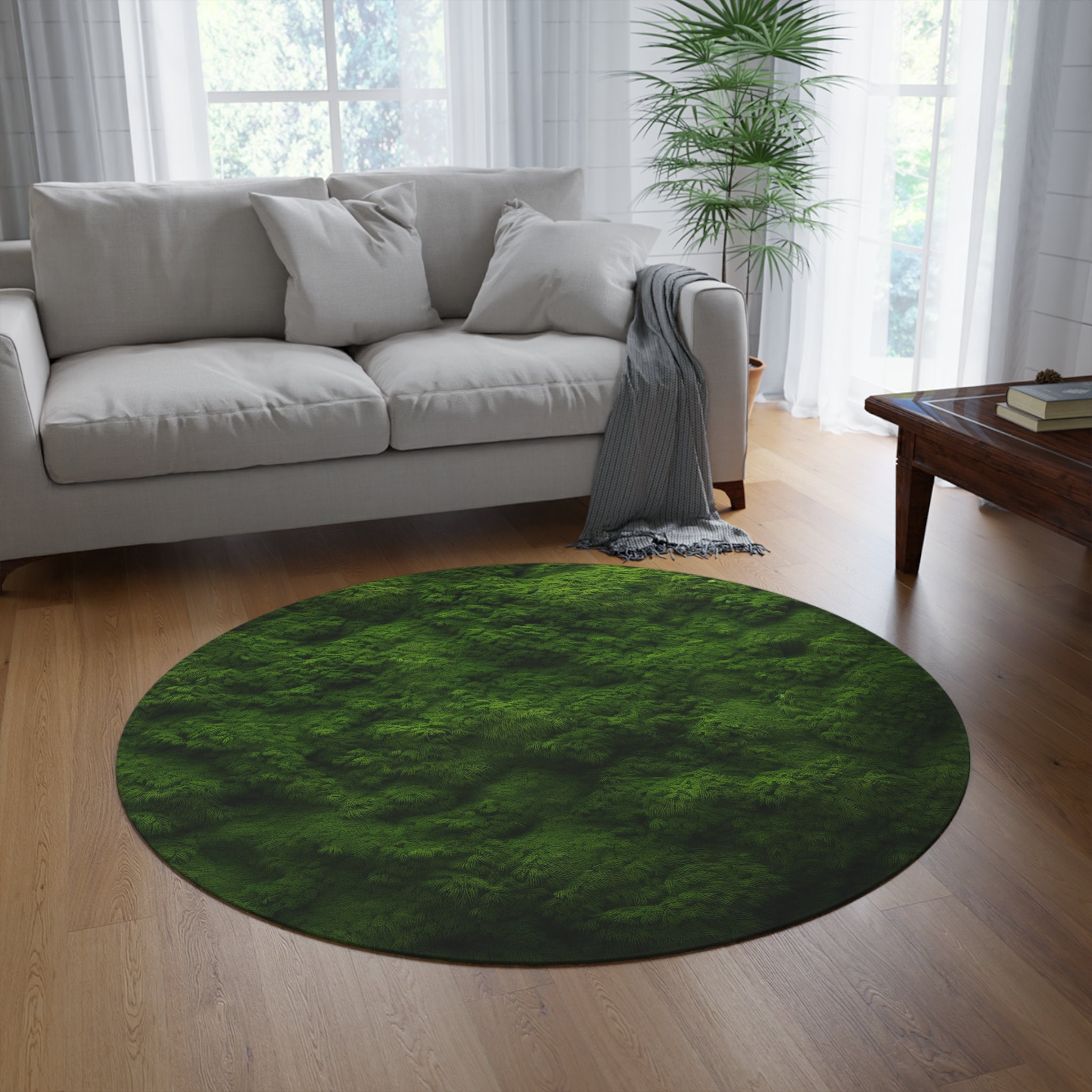 Green Moss 5ft Round Rug, Mossy Mountain Landscape Fluffy Mat