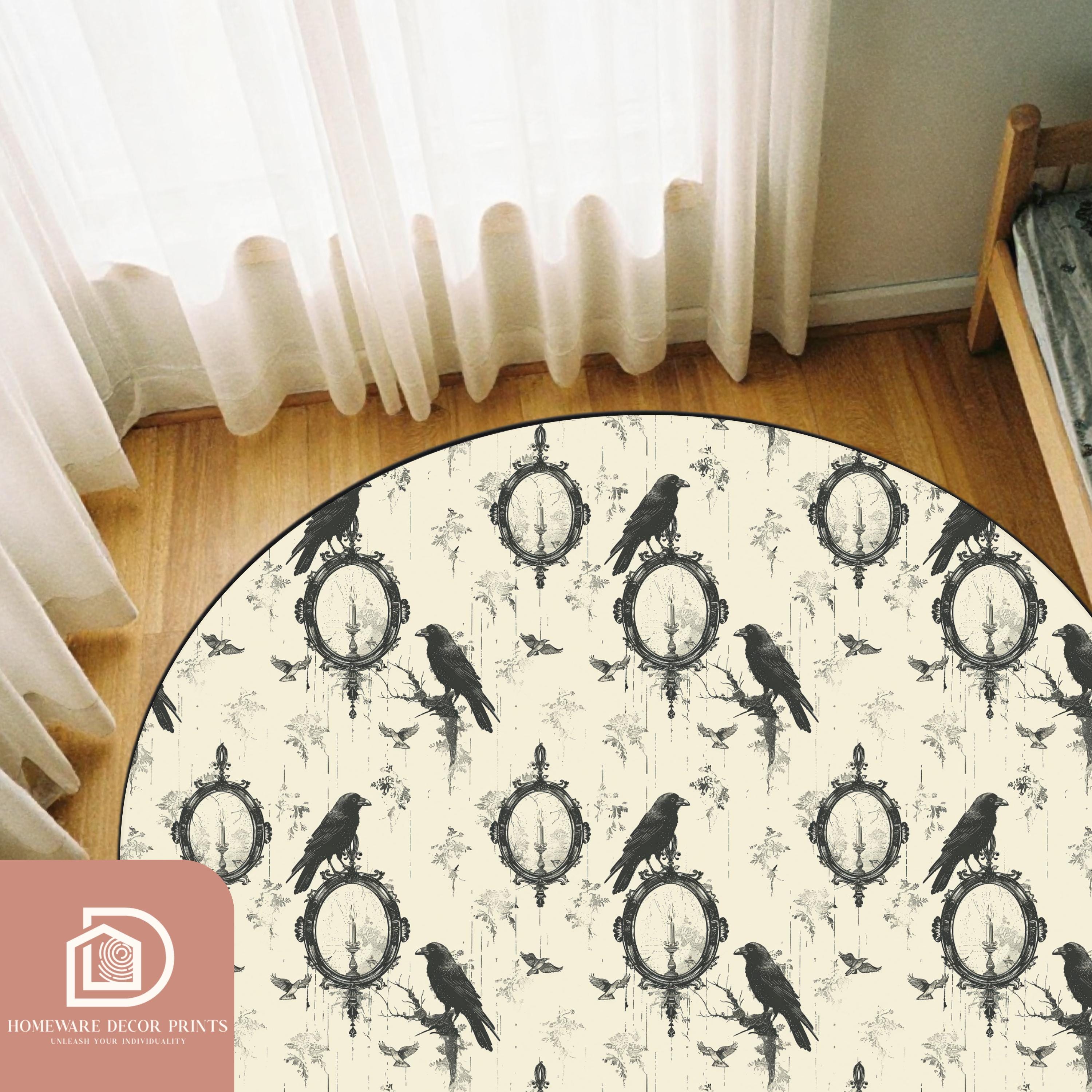 Gothic Black Crow Round Rug, Victorian Circular Mat, Witchy Dark ...