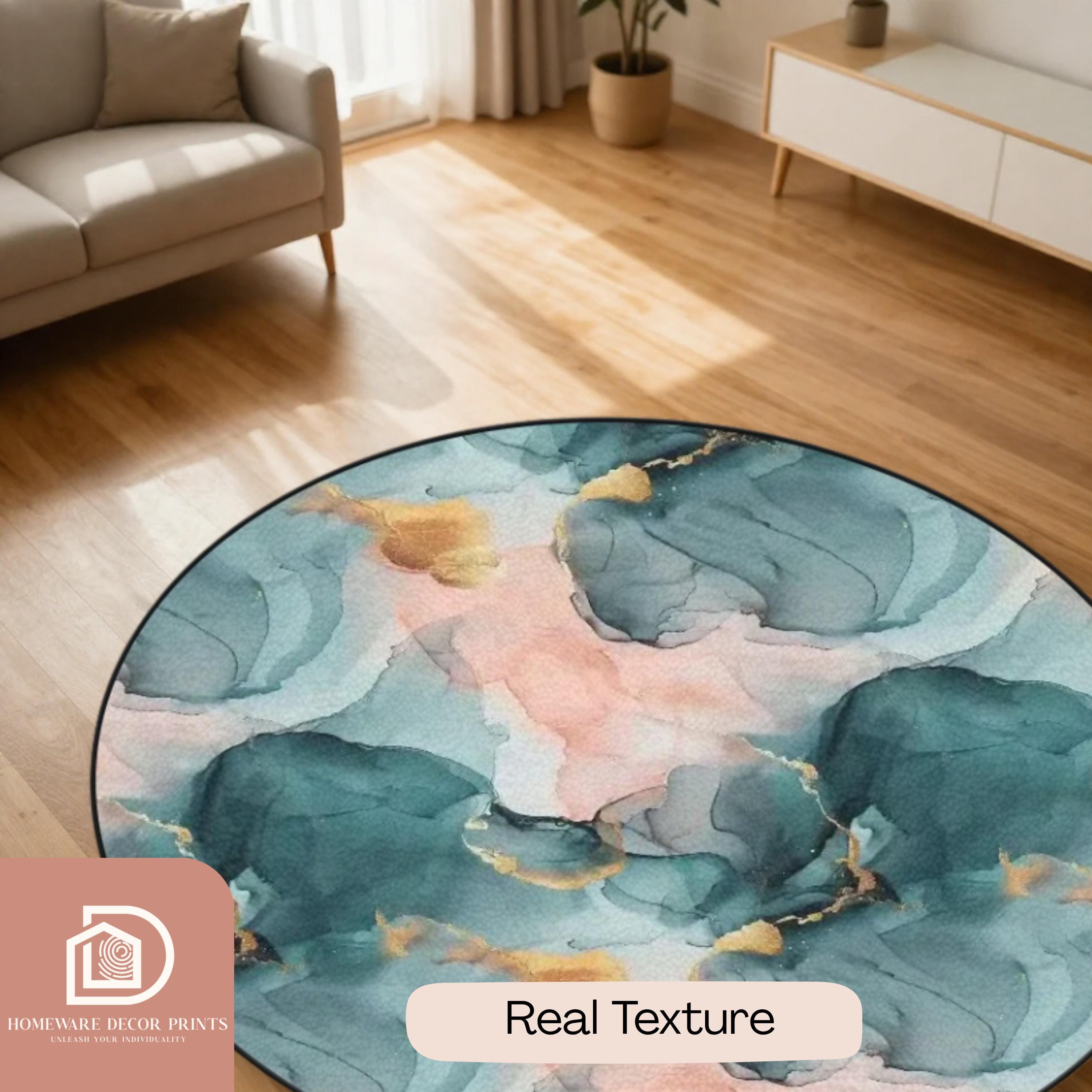 Pink And Green Shell Rug Pink & Green Marble Round Rug, Gold Accent Elegant Mat, Emerald Green ...