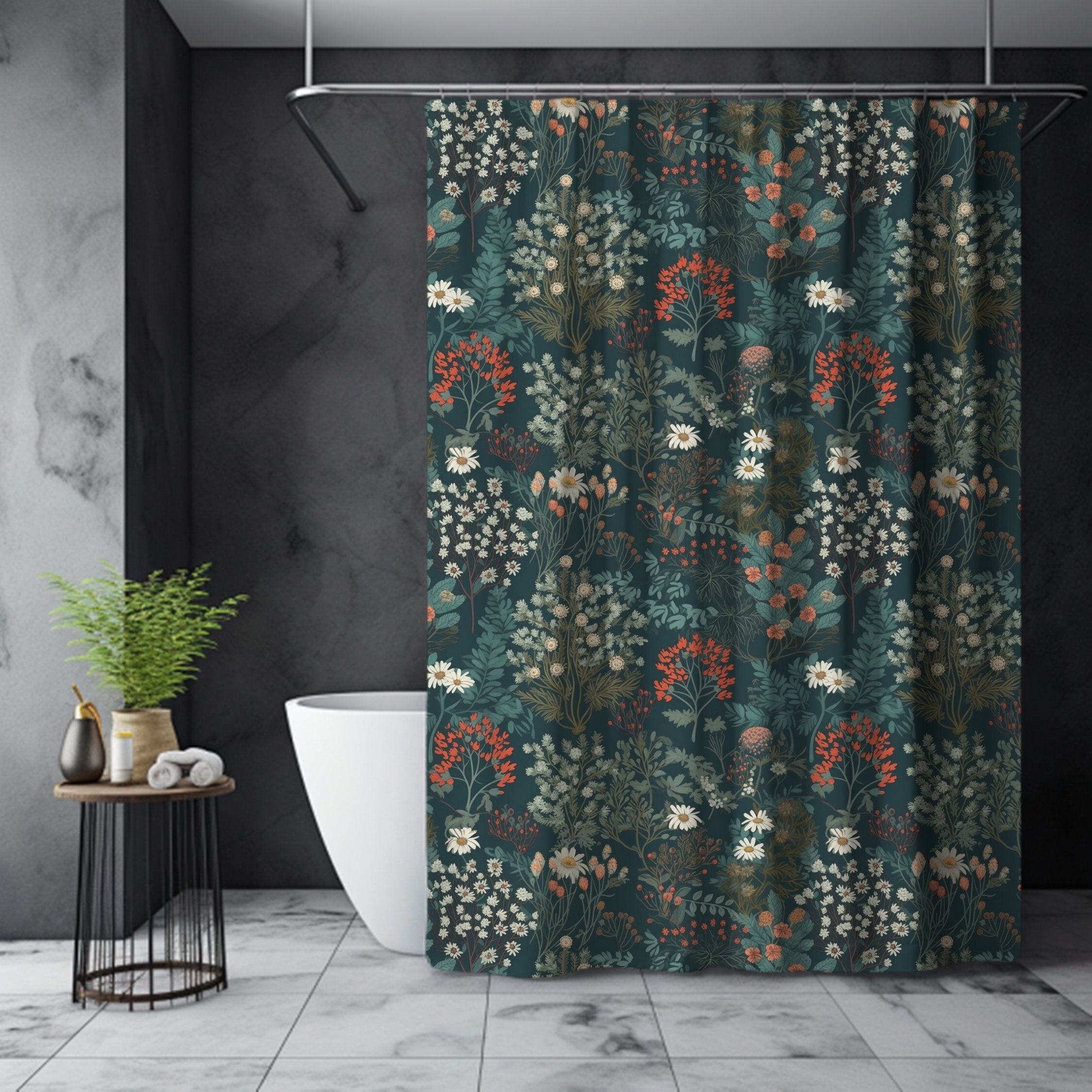 Emerald Green Floral Shower Curtain, Dark Academia Cottagecore, Wildflower Meadow, Boho Vintage Aesthetic, Maximalist Bathroom Decor 71"x74"