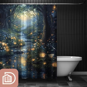 May include: A shower curtain featuring a serene forest scene with a flowing stream and glowing flowers. The artwork depicts a lush, green landscape with a waterfall and a soft, ethereal light filtering through the trees. A white bathtub is in the foreground.