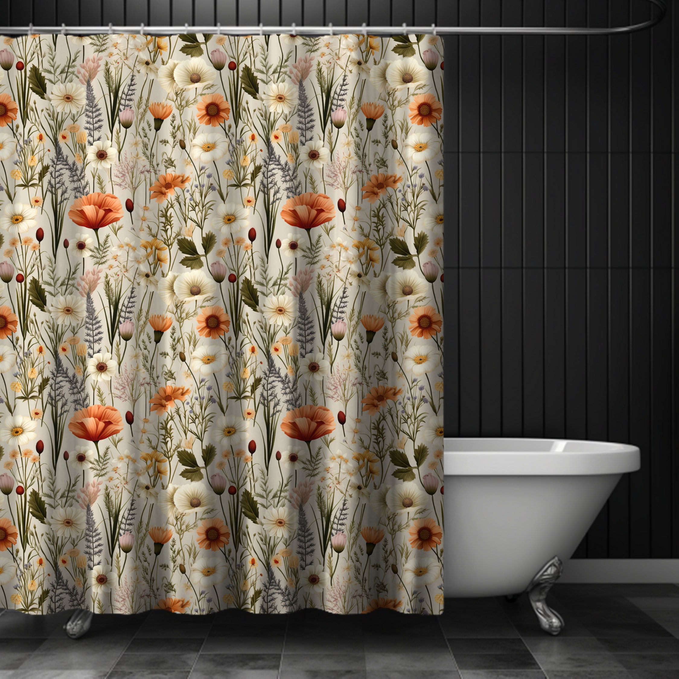 Earthy Floral Shower Curtain, Light Academia Era Cottagecore, Coquette ...