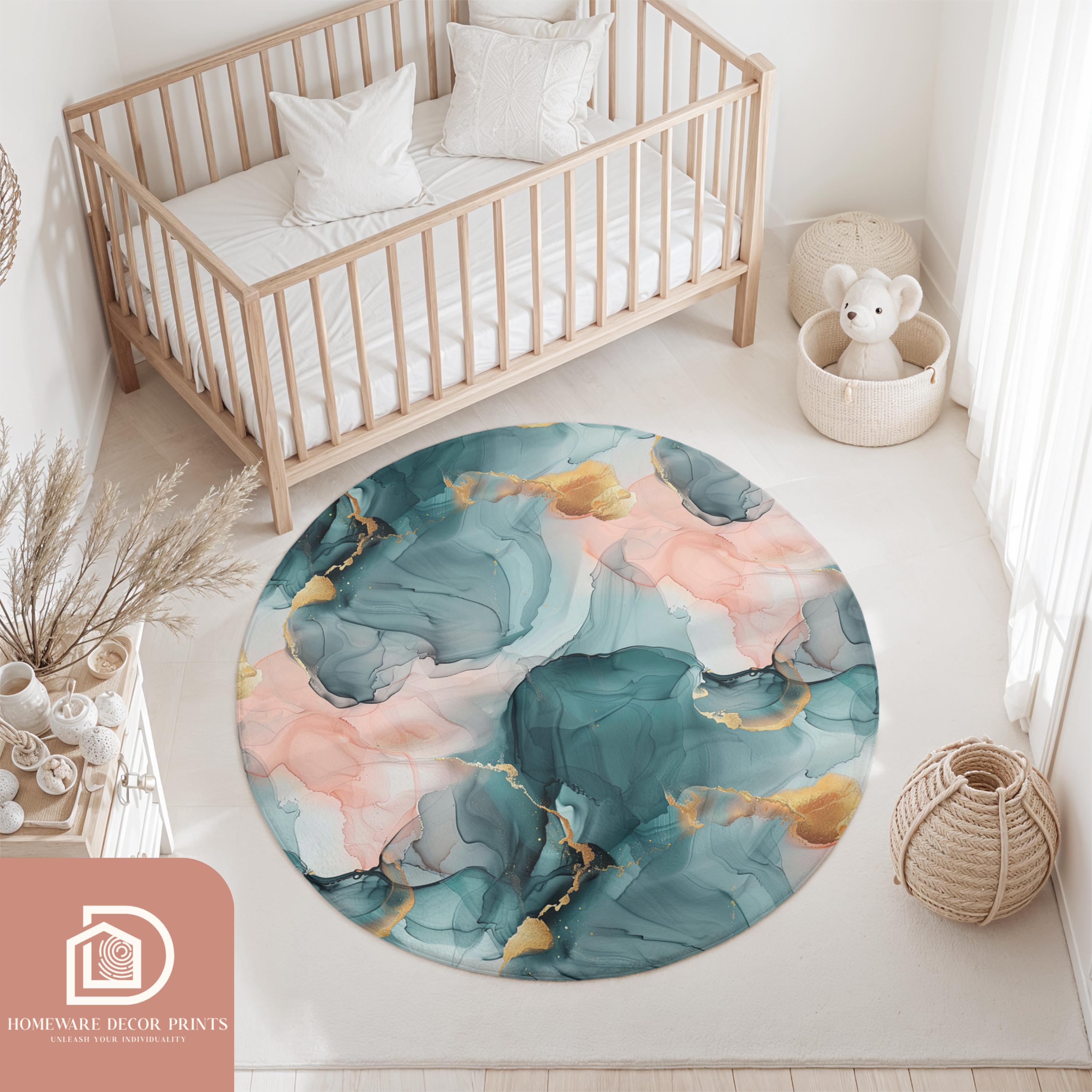 Pink And Green Shell Rug Pink & Green Marble Round Rug, Gold Accent Elegant Mat, Emerald Green ...