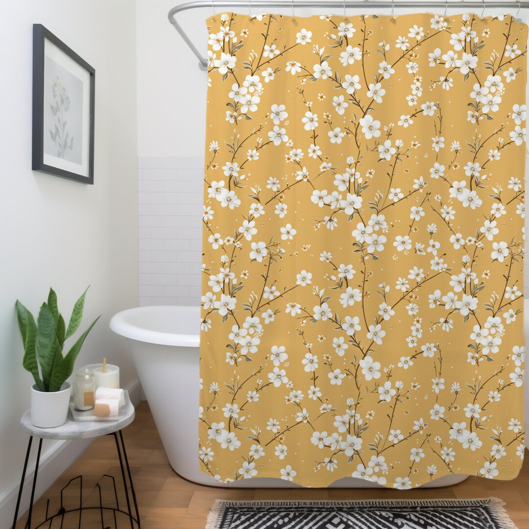 Yellow Floral Shower Curtain, Ochre Coquette Bathroom, Botanical