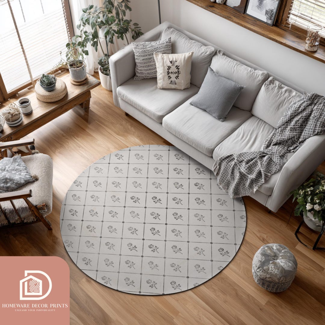 Minimalist Floral Round Rug, Neutral Beige Boho Rug, Vintage Flower ...