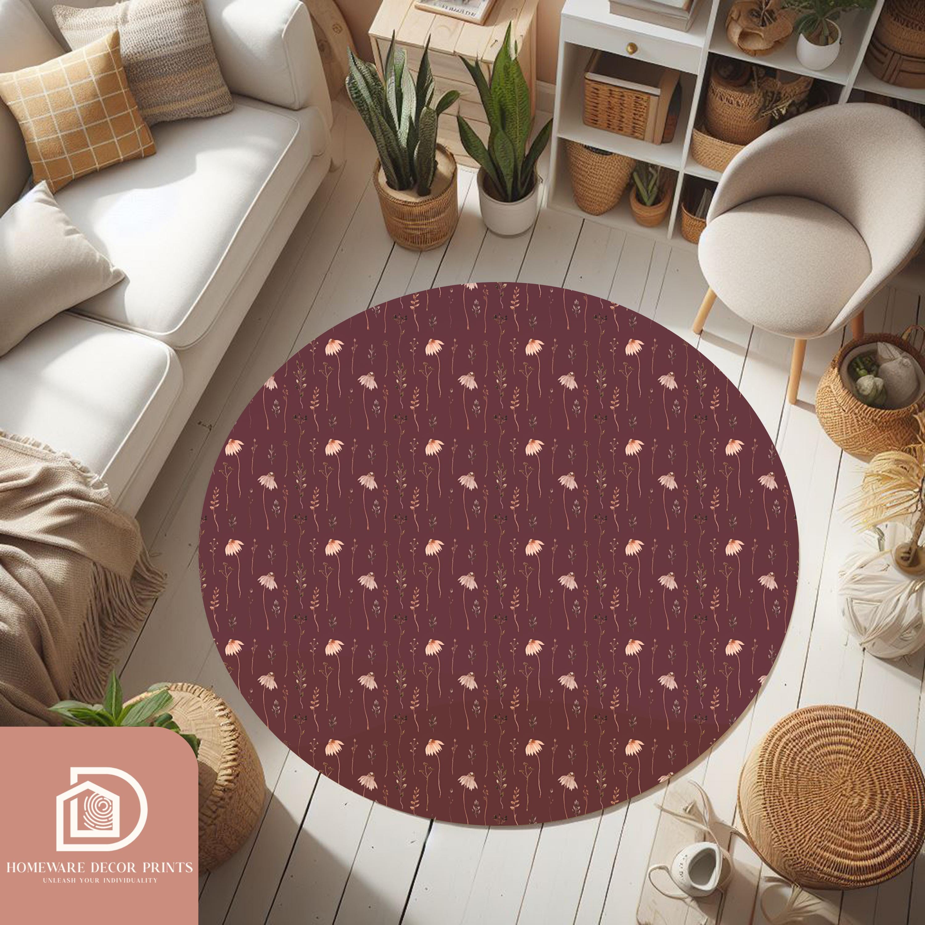 Burgundy Flowers Round Rug, Romantic Maroon Botanical Area Mat ...