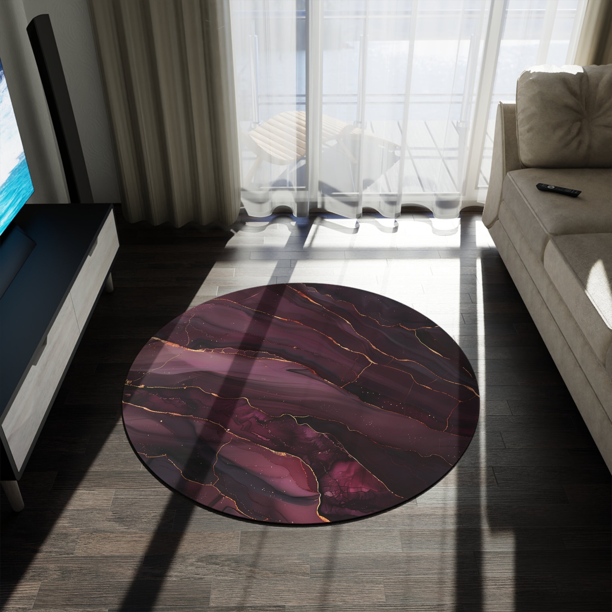 Burgundy Marble 5ft Round Rug, Elegant Ruby Red Chic Mat, Asymmetrical ...