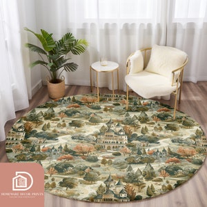 Castle Round Rug Autumn Forest Castle 5ft Round Rug, Aesthetic Car Road Map Playmat ...
