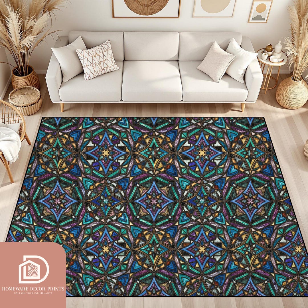 Cathedral Rug Stained Glass Area Rug, Colorful Mosaic Carpet, Kaleidoscope Rectangle ...