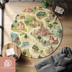 May include: A round area rug featuring a whimsical map design with castles, trees, and winding paths. The color palette includes soft greens, pinks, and beige, creating a fairytale aesthetic. The rug is placed on a wooden floor.