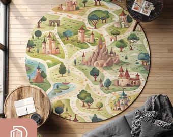 Castle Road Map Round Rug, Fairytale Nursery Playmat, Medieval Kingdom Circular Carpet, Forest Theme Area Rug, Car Activity Large Mat