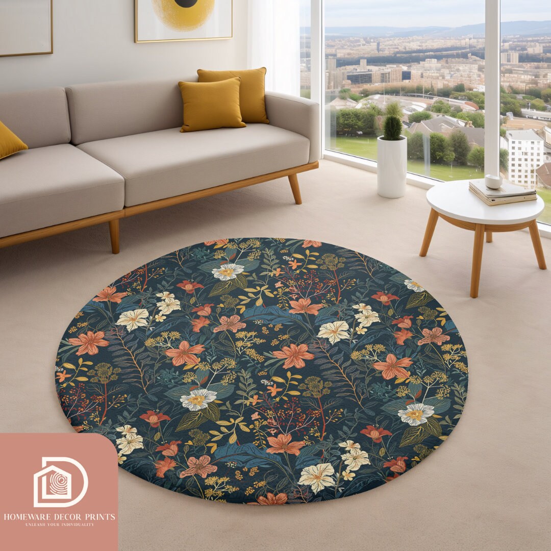 Vintage Floral 5ft Round Rug, Dark Academia Comfy Circle Mat, Botanical ...