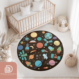 Space Explorer Round Rug, Solar System Playmat, Planets and Rockets Kids Decor, Astronomy Nursery Area Rug, Galaxy Room Large Carpet