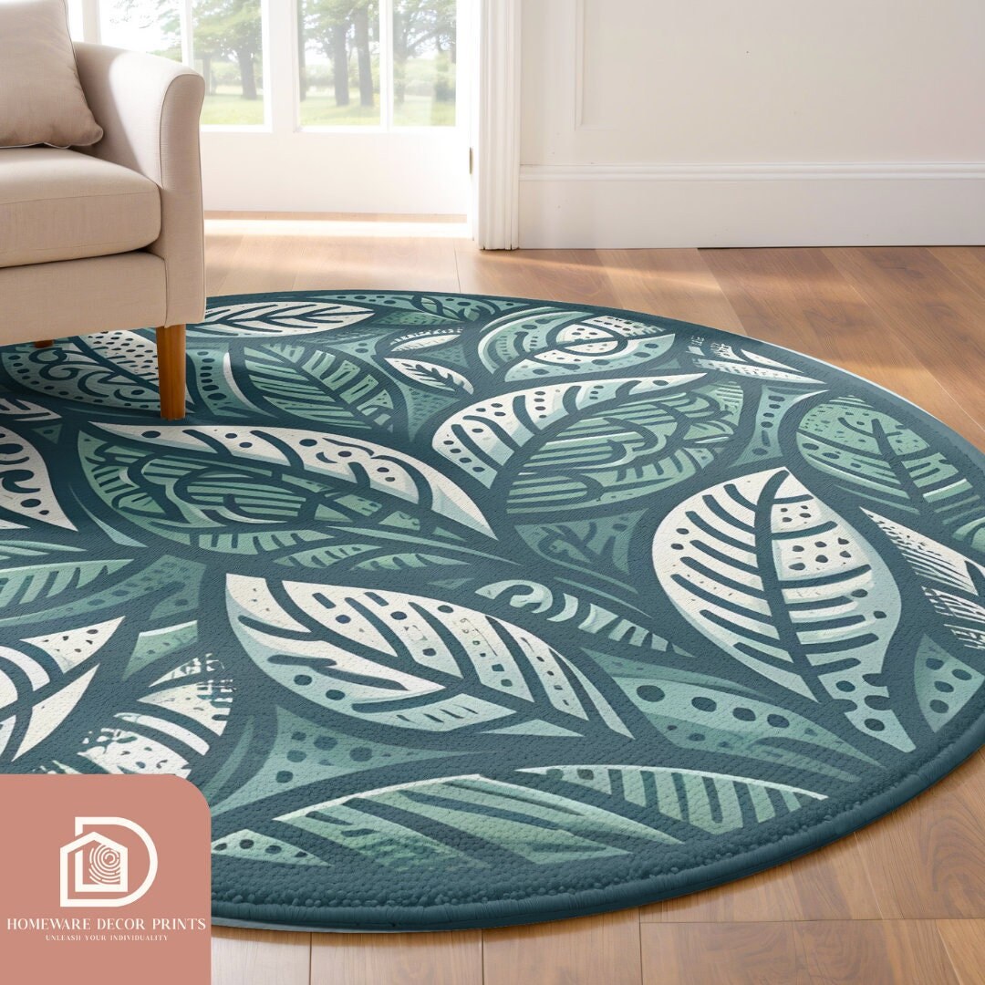 Botanical Doodle 5ft Round Rug, Abstract Leaf Comfy Carpet, Green ...