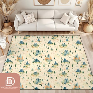 May include: A rectangular area rug with a cream-colored background featuring a repeating pattern of blue and green mountains, trees, and dotted trails. The rug has a black border and the text "HOMEWARE DECOR PRINTS" in the bottom left corner.