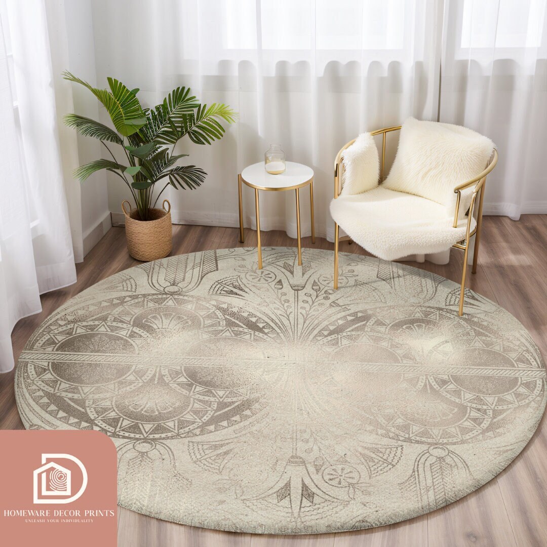 Geometric Mandala 5ft Round Rug, Vintage Bohemian Comfy Carpet, Earthy ...