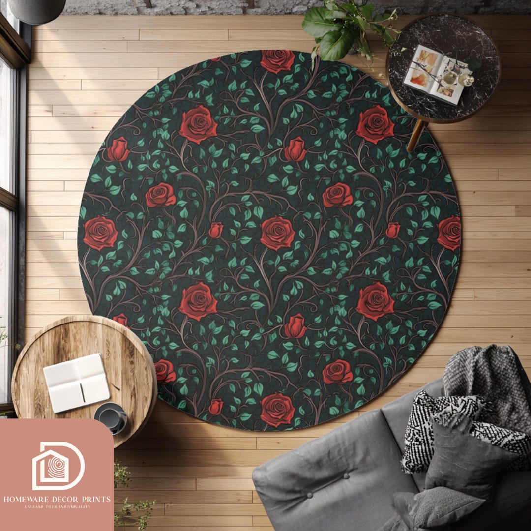 Roses and Vines Round Rug, Dark Botanical Circular Carpet, Romantic ...