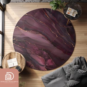 Burgundy Marble Round Rug, Gold Veins Home Decor, Abstract Area Rug, Ruby Red Floor Mat, Elegant Large Carpet, Classic Maroon Stone Pattern