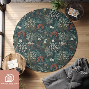Emerald Green Floral Round Rug, Dark Academia Area Rug, Wildflower Meadow Circular Mat, Boho Vintage Large Carpet, Maximalist Cottagecore