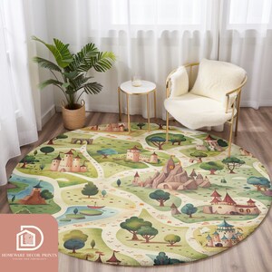 Castle Round Rug Castle Road Map 5ft Round Rug, Medieval Fairytale Nursery Theme Soft ...