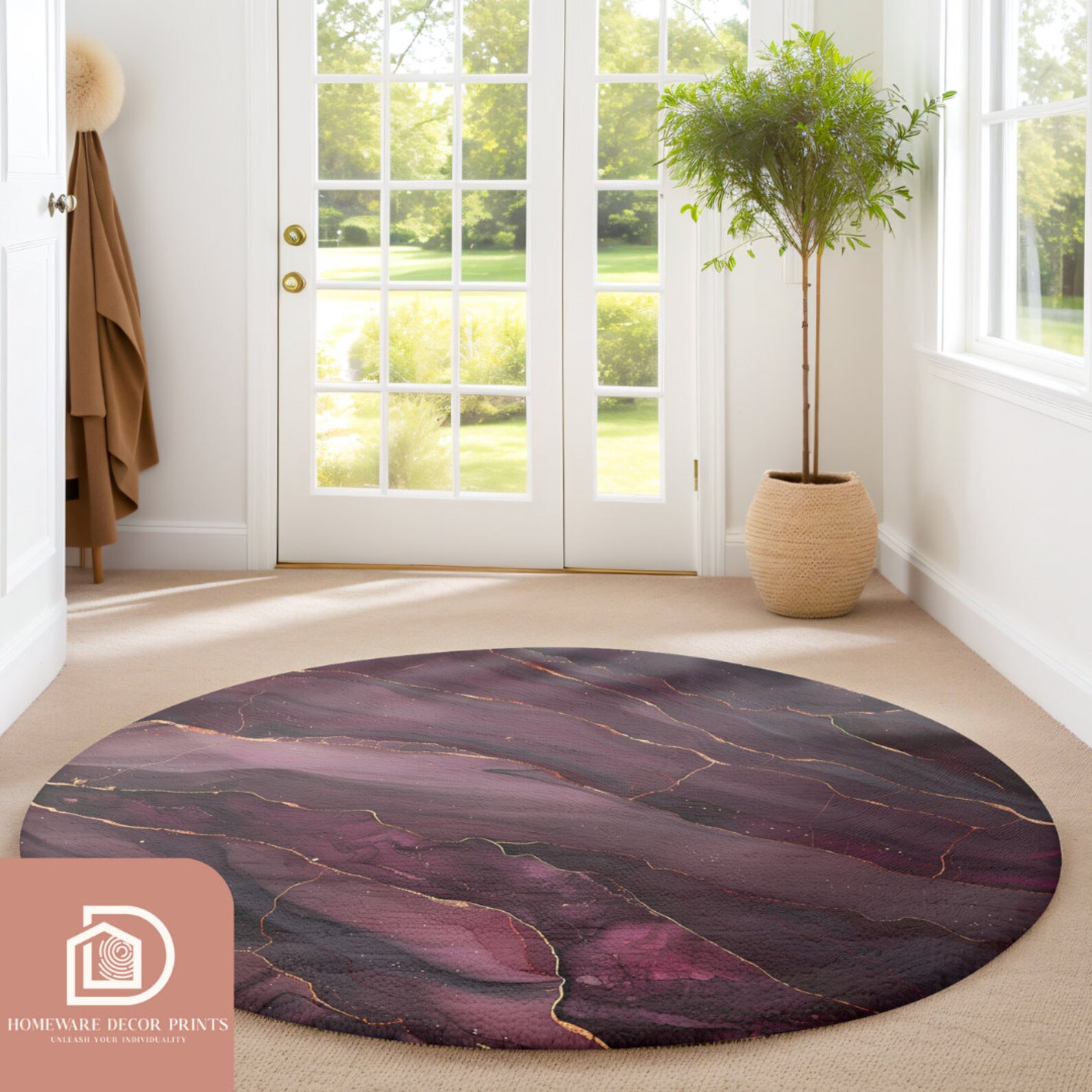 Burgundy Marble 5ft Round Rug, Elegant Ruby Red Chic Mat, Asymmetrical ...