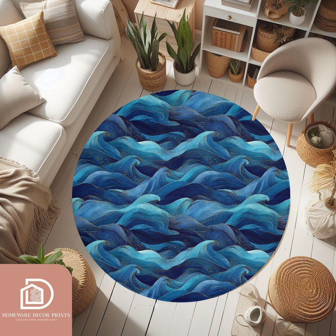 Dark Blue Wave Round Rug, Ocean Art Area Rug, Luxury Coastal Floor ...