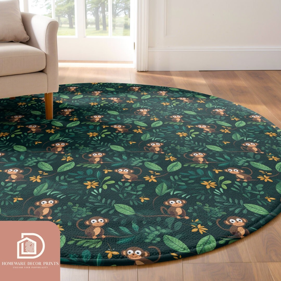 Jungle Monkey 5ft Round Rug, Exotic Animal Nursery Theme for Kids ...